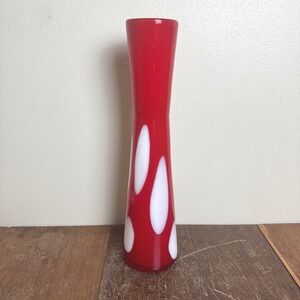 Vintage MCM Red White Glass Vase Bud Flower Vase 15" Tall Home Decor